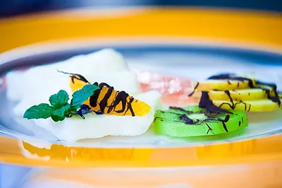 Appetitliche Dessert-Fotografie: Bunter Nachtisch. Visuelle Inszenierung für Menükarten und kulinarische Webseiten. Farbenfroher Dessertteller mit Obst (Orange, Kiwi, Apfel), Schokostreuseln und Minze. Ausdrucksstarke Food-Fotografie für Restaurants und Gastronomie.